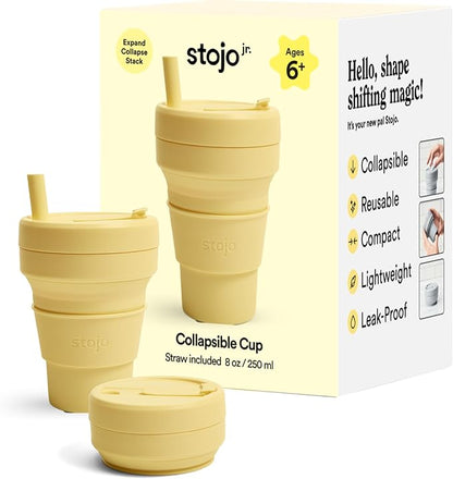 STOJO Jr Collapsible Travel Cup with Straw for Kids - Mimosa Yellow, 8oz / 250ml - Leak-Proof Reusable To-Go Pocket Size Silicone Bottle for Hot & Cold Drinks - Camping & Hiking - Dishwasher Safe