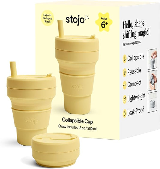 STOJO Jr Collapsible Travel Cup with Straw for Kids - Mimosa Yellow, 8oz / 250ml - Leak-Proof Reusable To-Go Pocket Size Silicone Bottle for Hot & Cold Drinks - Camping & Hiking - Dishwasher Safe