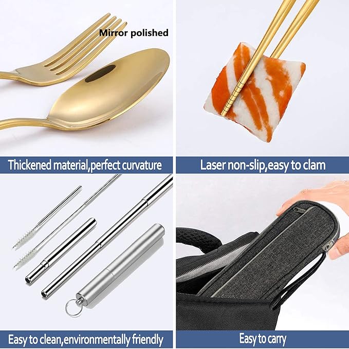 Portable Travel Reusable Utensils Silverware with Case,Travel Camping Cutlery set,Chopsticks and Straw, Stainless steel Travel Utensil set(Gold)