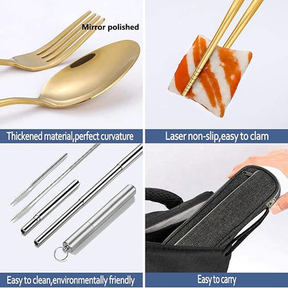 Portable Travel Reusable Utensils Silverware with Case,Travel Camping Cutlery set,Chopsticks and Straw, Stainless steel Travel Utensil set(Gold)