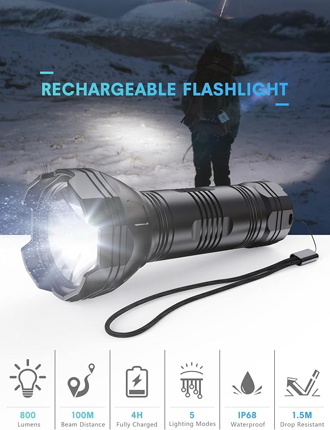 Rechargeable Flashlight, 800 Lumen, Waterproof, LED, 5 Light Modes, Portable, Easy to Use, Weather Resistant