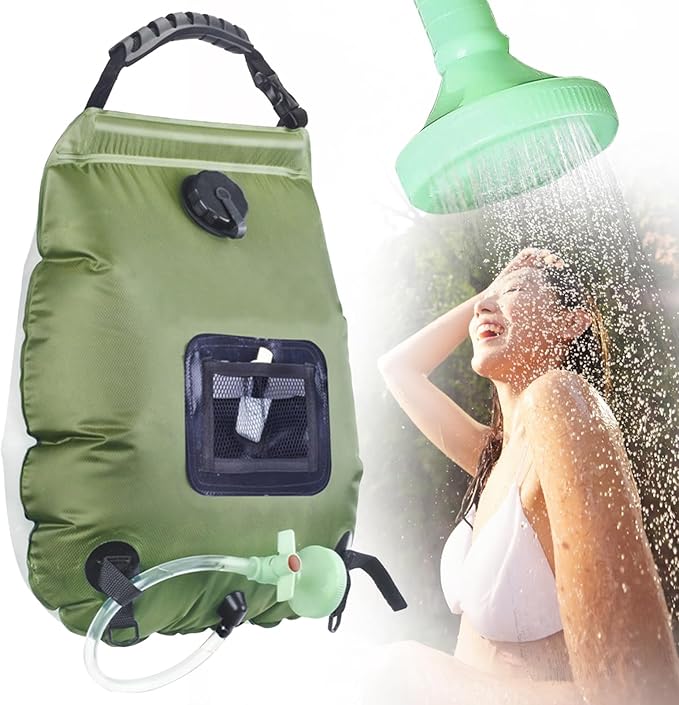 Solar Portable Shower Bag, 5 Gal/20L Compact Outdoor Heating Camping Shower Bag with On-Off Switchable Shower Head&Removable Hose Suitable for Camping, Hiking, Travel, Beach Swimming