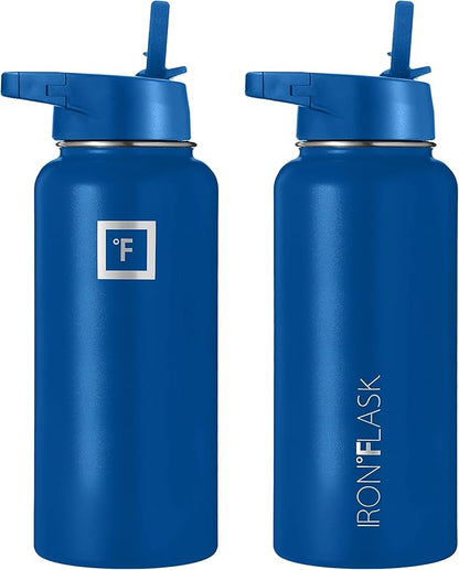 IRON °FLASK Camping & Hiking Hydration Flask, Wide Mouth, 3 Straw Lids, Stainless Steel Outdoor Water Bottle, Double Walled, Insulated Thermos, Metal Canteen - Cobalt, 32 Oz