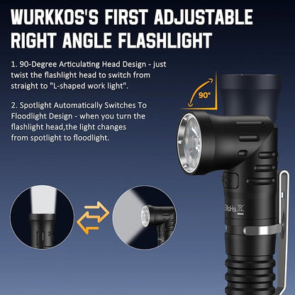 Wurkkos HD11 Right Angle Flashlight with Red Light,1800 Lumens Magnetic Flashlight 90 Degree Flashlight,Spotlight&Floodlight EDC Flashlight,IP68 Waterproof Flashlights for Working Outdoors,Repairing