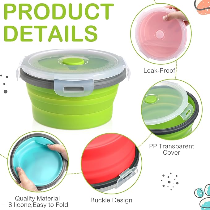 Suclain 4 Pcs Camping Bowl with Lid Collapsible Silicone Bowl Lunch Box Salad Bowl Expandable Food Storage Container Set Folding Travel Bowl for Hiking Heat (Red, Pink, Blue, Green,17, 12, 41, 27 oz)