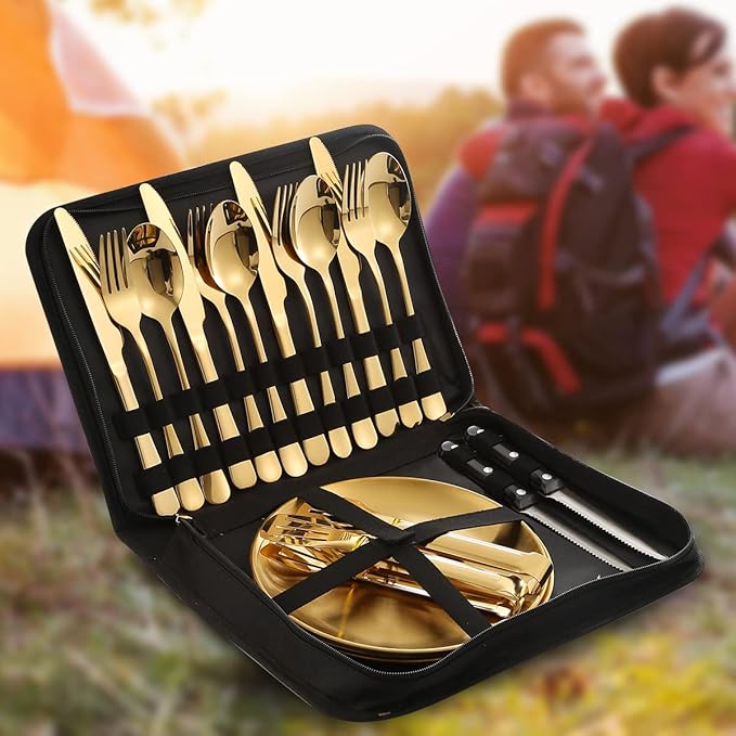 Picnic Dishes Utensils Gold Camping Flatware Set for 4 Portable Tableware Plates Silverware Forks Spoons Knives Bottle Opener Food Tongs Complete Kit with Zipper Bag