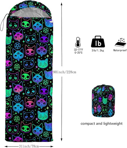 Axolotl Colorful Cats 3 Season Sleeping Bag for Kids, Girls, Teens - Warm and Cool Weather Pet Animal Theme, Waterproof Lightweight for Traveling, Outdoors Camping Equipment