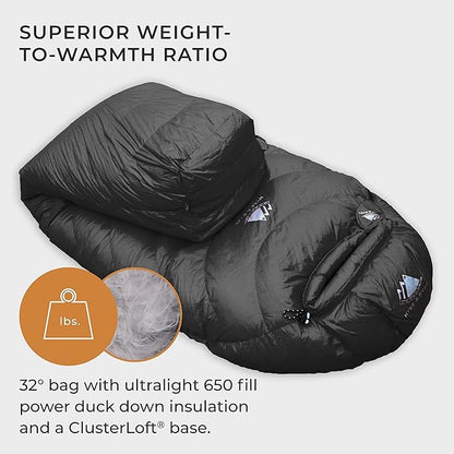 Hyke & Byke Shavano 32 F Hiking & Backpacking Sleeping Bag - 3 Season, 650FP Duck Down Sleeping Bag - Ultralight - Black - 78in - Regular