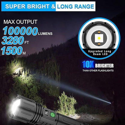 DanByte Rechargeable Flashlights 100000 High Lumens- 1500 Meters Long Beam LED Flash Light with Belt Holsters,Waterproof,Power Display,Zoomable,5 Modes Rechargeable Flashlight for Camping