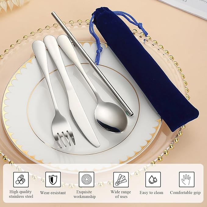 Kyraton Portable Flatware, Reusable Camping Flatware, Bento Box Flatware, Silverware For School/Work/Office/Outdoor, Dishwasher Safe, Set of 4 Pieces