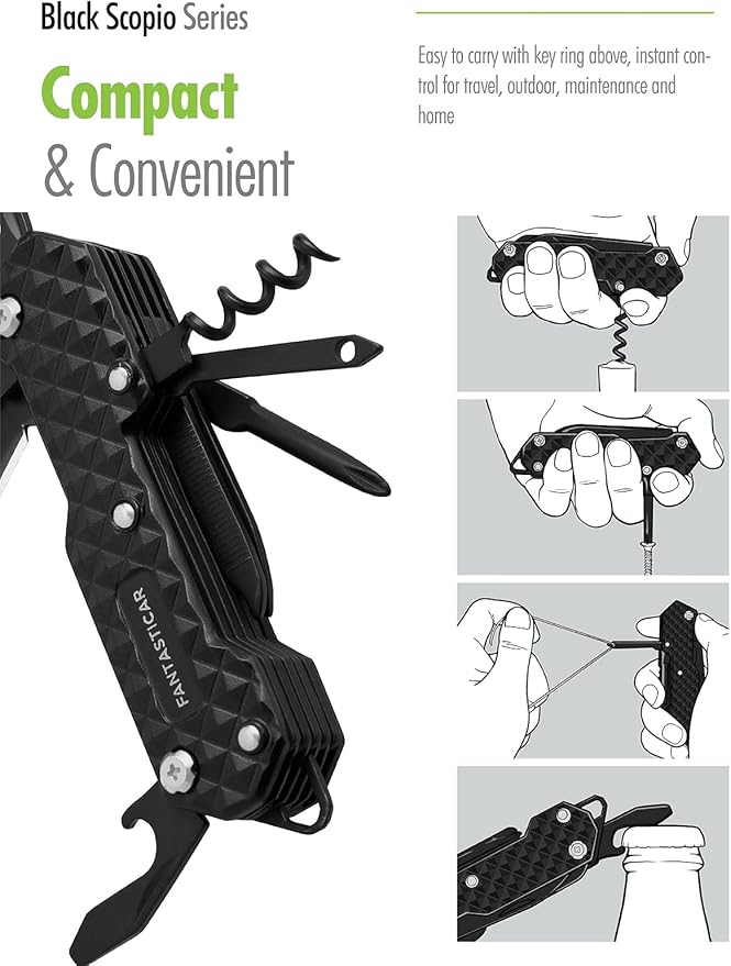 FantastiCAR 15 in 1 Multi-Tool, EDC Folding Pocket Knife with Premium Gift Box for Camping, Fishing, Hunting, Survival, Outdoor (Black)
