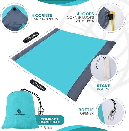 Lightweight Beach Blanket - Oversized 107" x 77" - Waterproof Sandproof - Double Anchored for Fun Leisure Beach Blanket - with Stake and Pouch - Durable Sand Beach Mat