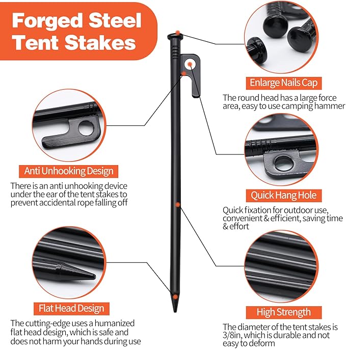 16 Pack Tent Stakes, 10in Tent Stakes Heavy Duty with Storage Bag, Forged Steel Tent Pegs for Camping Unbreakable and Inflexible(16pcs 10in Stakes)