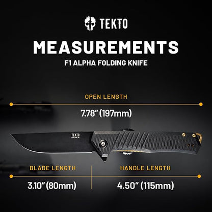 F1 Alpha Folding Pocket Knife - Modified Straight Back Blade, Titanium Coated D2 Steel, Ideal for Outdoor Camping and Backpacking, Tactical G10 Black Handle, Bronze Titanium Accents