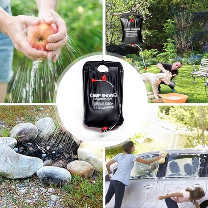 Felicia Portable Solar Heated Camp Shower Bag, 5Gallons/20L PVC Outdoor Shower Bag with Temperature 50°C On/Off Switch Shower Head for Camping Beach Hiking