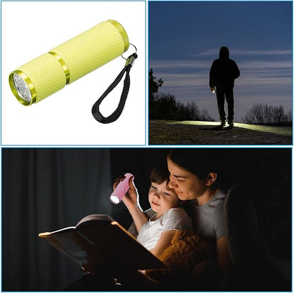 PATIKIL 9 LED Glow in Dark Flashlights, 2 Pcs Mini Aluminum Flashlight Rubber Coated Flashlight with Strap for Camping, Hiking, Party, Yellow