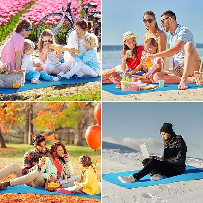 Picnic Blanket, Mini Pocket Beach Mat 78.8 x 82.7IN (5-7 People) Foldable, Lightweight Waterproof Sand Free, Foldable Thin Ground Sheet for Outdoor Camping Hiking Travel - with Hand Strap