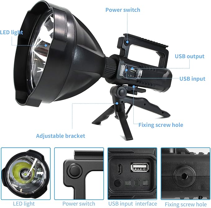 Foleto Rechargeable LED Spotlight Flashlights 120000 High Lumens, Super Bright Flashlight with 4 Modes IPX5 Waterproof, Large Searchlight for Fishing, Hiking and Camping with Tripod