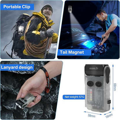 BORUIT V20 LED Small Powerful EDC Flashlight with Clip,180°Head Swivels,1000LM USB C Rechargeable Mini Pocket Keychain Flash Light with Red COB Light-14 Mode,IP67,Magnetic,110DB Buzzer(White)