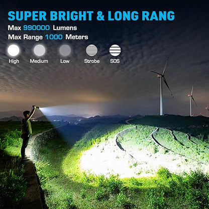 Sinvimes Rechargeable Flashlights High Lumens, 990000LM XHP160.8 Powerful Tactical Flashlight with Zoomable & 6 Modes & IPX7 Waterproof, Super Bright Flashlight for Camping, Hiking, Emergencies