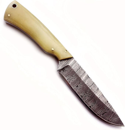 Handmade Damascus Steel Knife for Hunting,Survival,Camping,Bushcraft and Fishing-Fixed Blade Dagger with Drop Point Full Tang-Bone Handle with Cowhide-Leather Sheath DCX 22 -201