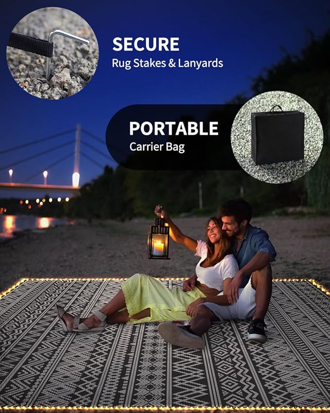 MontVoo-Outdoor Rug Carpet 8x10 ft for Patio RV Camping with Led Strip Lights Waterproof Plastic Straw Rug Reversible Portable Outside Indoor Outdoor Rug Mat for Patio Decor Balcony Picnic-Boho Rug
