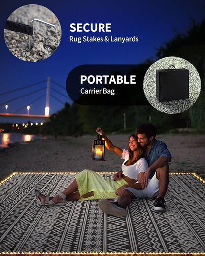 MontVoo-Outdoor Rug Carpet 9x12 ft for Patio RV Camping with Led Strip Lights Waterproof Plastic Straw Rug Reversible Portable Outside Indoor Outdoor Rug Mat for Patio Decor Balcony Picnic-Boho Rug