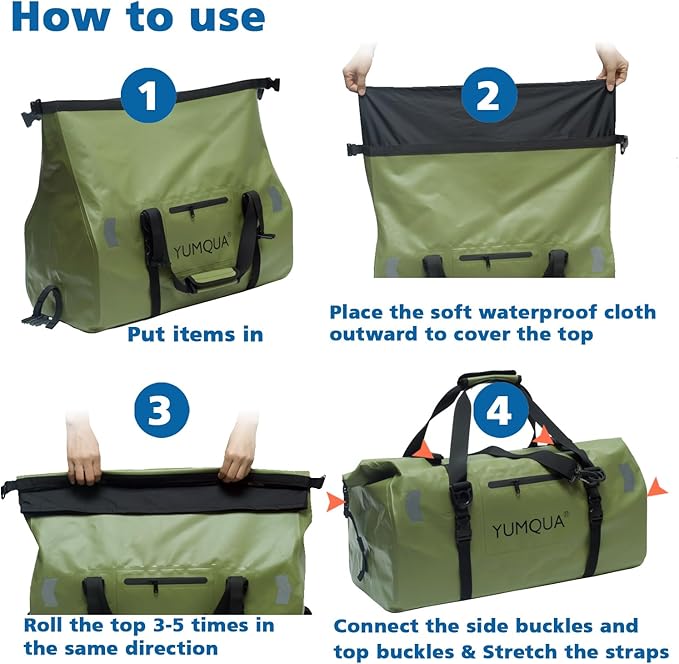 Waterproof Duffel Bag Keeps Gear Dry, Heavy Duty Roll Top Dry Duffle Bag Perfect for Motorcycle Traveling Camping Hiking Fishing Skating Boating Kayaking, 55L Army Green