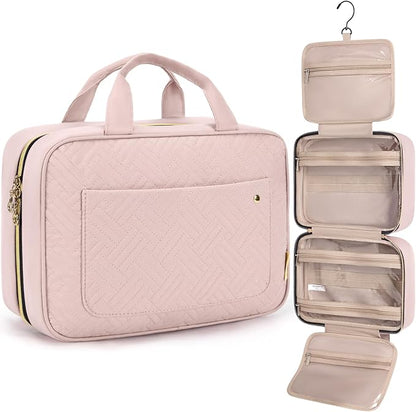 BAGSMART Toiletry Bag Travel Bag with Hanging Hook, Water-resistant Makeup Cosmetic Bag Travel Organizer for Accessories, Shampoo, Full-size Container, Toiletries (Light Pink, Medium)