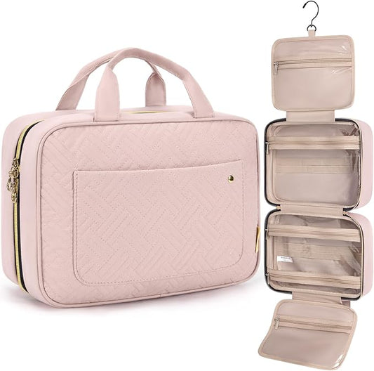 BAGSMART Toiletry Bag Travel Bag with Hanging Hook, Water-resistant Makeup Cosmetic Bag Travel Organizer for Accessories, Shampoo, Full-size Container, Toiletries (Light Pink, Medium)