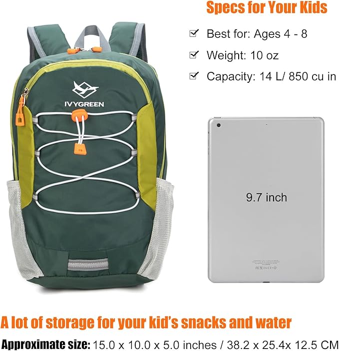 Little Kids Hiking Backpack for Boys or Girls, Small Daypack for Camping or Travel (Green)