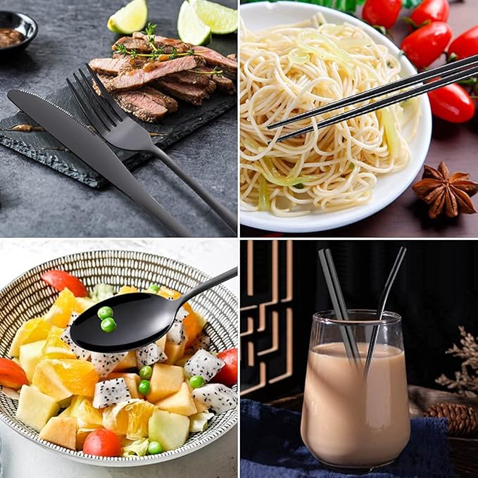 Portable Utensils Set,Reusable Travel Cutlery Set with Case Stainless Steel Flatware Set for Camping 8pcs Including Dinner Knife Fork Spoon Chopsticks Boba Straw (Black)