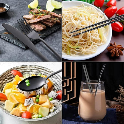 Portable Utensils Set,Reusable Travel Cutlery Set with Case Stainless Steel Flatware Set for Camping 8pcs Including Dinner Knife Fork Spoon Chopsticks Boba Straw (Black)