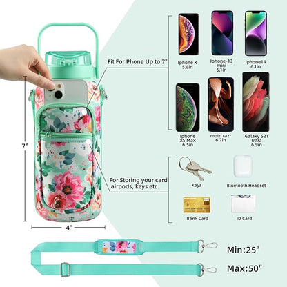 Half Gallon 64oz Glass Water Bottle with Straw and Storage Sleeve Motivational Water Bottle with Strap and Time to Drink 2L Leakproof Reusable Water Jug for Fitness Gym and Outdoors