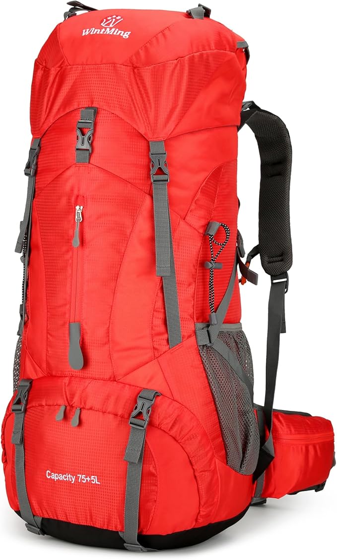 King'sGuard Hiking Backpack for Men and Women 70L+5L Waterproof Lightweight Camping Daypack with Rain Cover for Outdoor Travel Mountaineering - Frameless (Red)