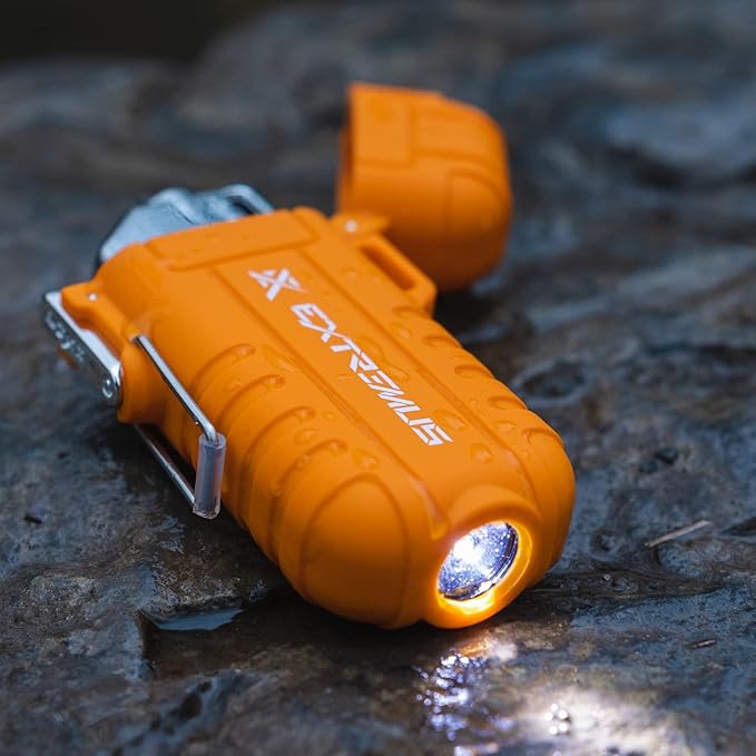 Extremus Blaze 360 Rechargeable Electric Lighters, Dual Arc Lighter, Windproof Plasma Lighter, Waterproof Lighter, Flameless Lighter with Whistle Lanyard for Camping (Orange Flashlight)