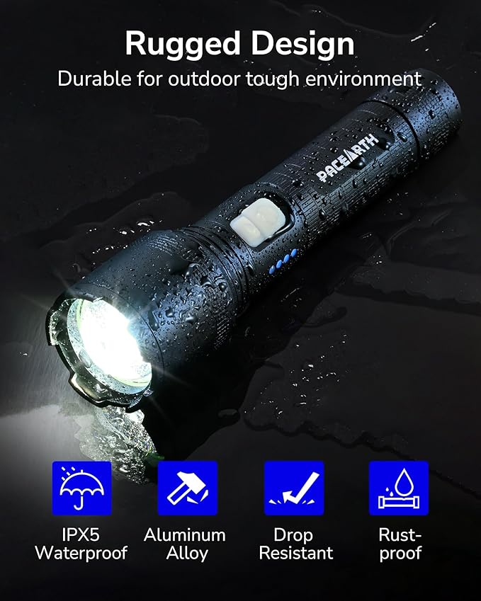 PACEARTH Tactical Flashlights High lumens, Rechargeable Flashlights with 5 Modes LED Flashlight Adjustable, Zoomable Waterproof 2000LM Brightest Flashlight for Emergencies, Camping, Hiking