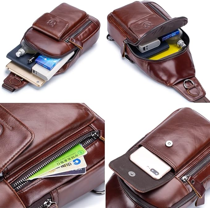 KPYWZER Leather Sling Bag Hiking Daypack for Men Women Outdoor Travel Camping Fishing Crossbody Shoulder Chest Pack Backpack Daypack Brown