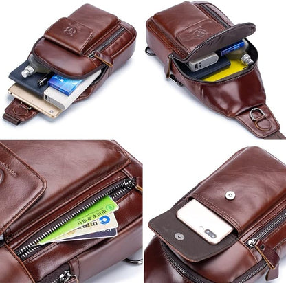 KPYWZER Leather Sling Bag Hiking Daypack for Men Women Outdoor Travel Camping Fishing Crossbody Shoulder Chest Pack Backpack Daypack Brown