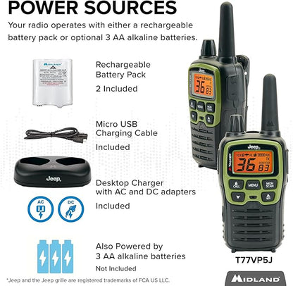 Midland - T77VP5J FRS Jeep® X-TALKER Extreme Dual Pack - 22 Channels, 121 Privacy Codes, Water Resistant - Clear Communication with Weather Alert - Jeep® Branded Carrying Case & Headset Included