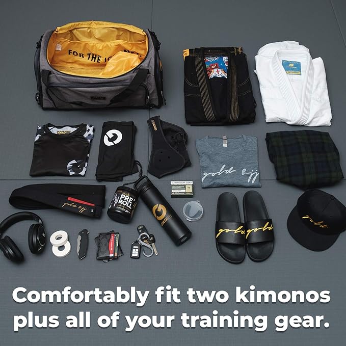 Gold BJJ Jiu Jitsu Duffle Bag - Waterproof Pocket for Sweaty Gi, Rashguard, or Shoes - The Perfect Duffel Bag for Martial Arts Gear, Boxing, MMA, and More