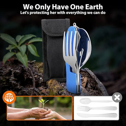 Camping Silverware Set HIKENTURE 4-In-1 Stainless Steel Hobo Knife Fork Spoon Bottle Opener with Storage Case (Blue)
