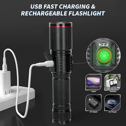 FZH Flashlights High Lumens Rechargeable 2PC 10000LM LED Infinitely Dimmable Super Bright USB Flash Light Powerful Handheld Tactical Torch, 5 Modes, Waterproof for Outdoor Emergencies Camping