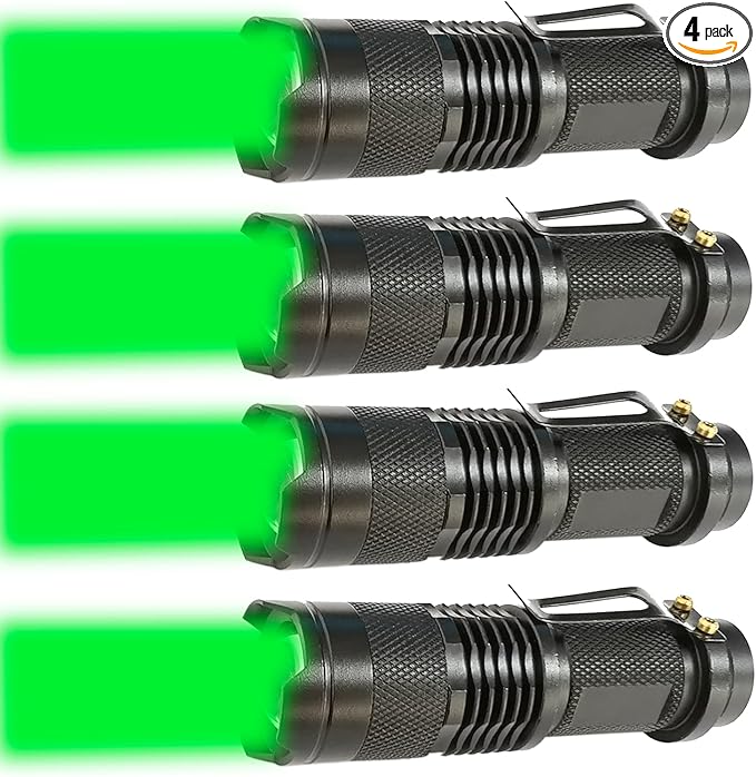 4 Pack One Mode Green Light Flashlight with Clip Zoomable Green LED Flashlight Green Flashlight for Hunting Fishing Night Observation
