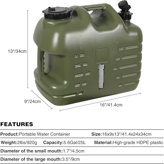 REDCAMP 6.6 Gallon Portable Water Container with Spigot, Water Storage Camp Water Jug for Camping Outdoor Hiking (25L Green)