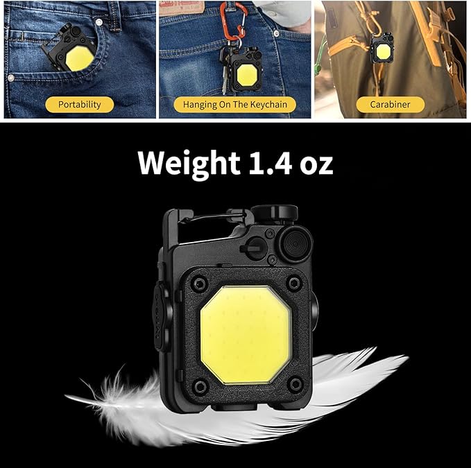 Cob Keychain Flashlight, 6 Light Modes 1500 Lumen, 2Pcs Mini Keychain Work Light, Small Flashlight Rechargeable with Bracket and Screwdriver, Emergency Light for Camping and Hiking