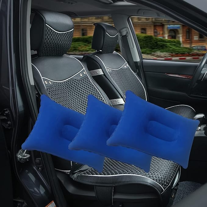 3 Pack Royal Blue Ultralight Inflatable Pillow Small Squared Flocked Fabric Air Pillow for Hiking,Camping,Traveling,Napping,Desk Rest,Neck & Lumbar Support