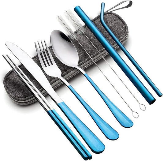Travel Utensils with Case，Reusable Travel Cutlery Set with Case Stainless Steel Flatware Set for Camping 8pcs Including Dinner Knife Fork Spoon Chopsticks Boba Straw (Shining Blue)
