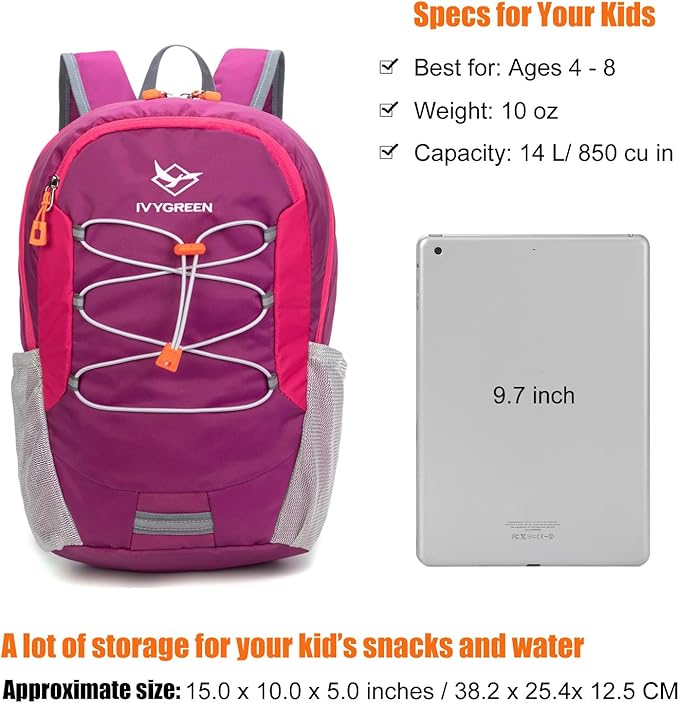 Little Kids Hiking Backpack for Boys or Girls, Small Daypack for Camping or Travel (Purple)