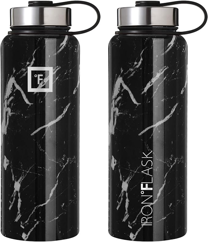 IRON °FLASK Camping & Hiking Hydration Flask, Wide Mouth, 3 Straw Lids, Stainless Steel Outdoor Water Bottle, Double Walled, Insulated Thermos, Metal Canteen - Black Marquina, 40 Oz
